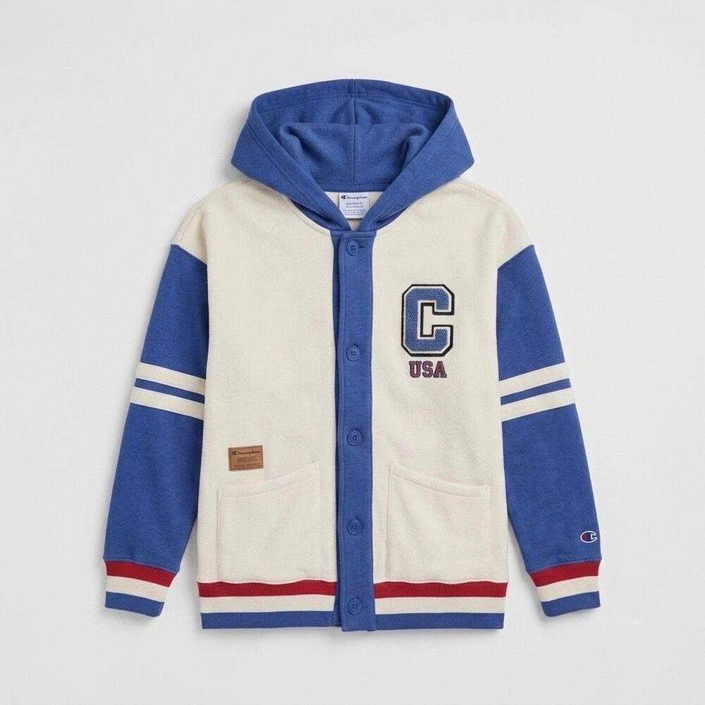Champion USA Hooded Varsity Cardigan Sweater Cream Blue Red Button Front Size L